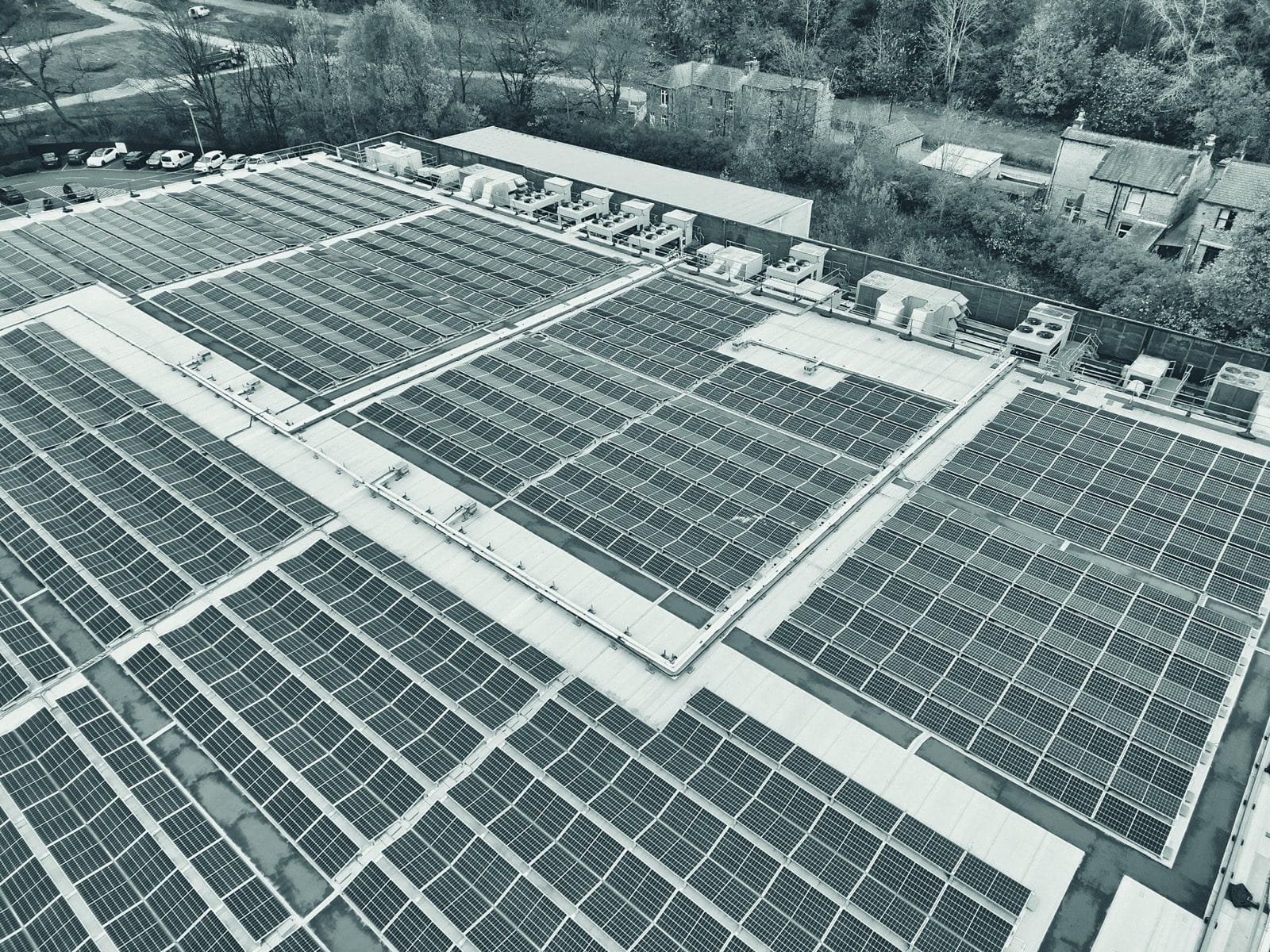 Aerial view of rooftop solar panels in Bradford, England