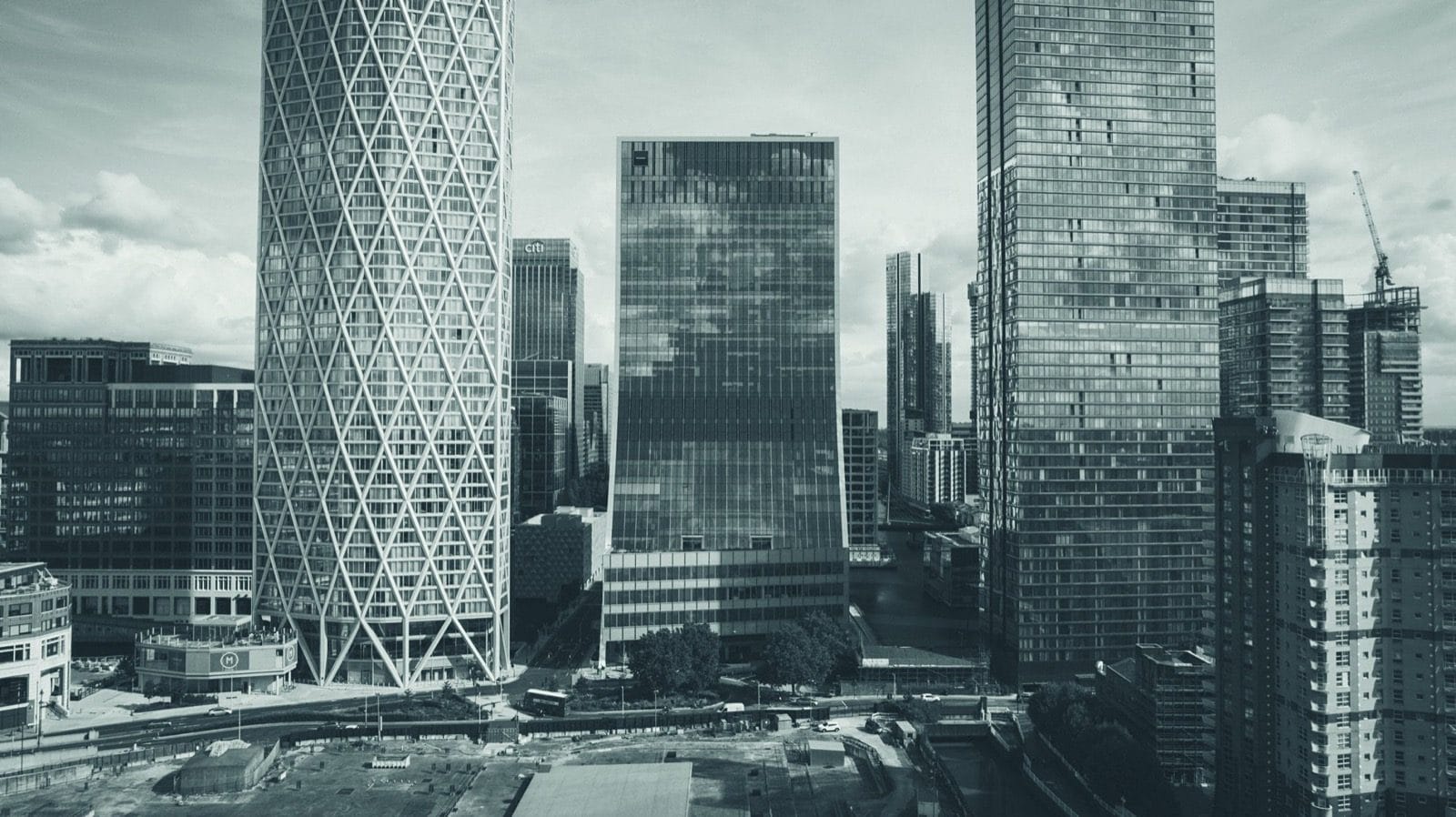 Aerial view of Canary Wharf towers in London