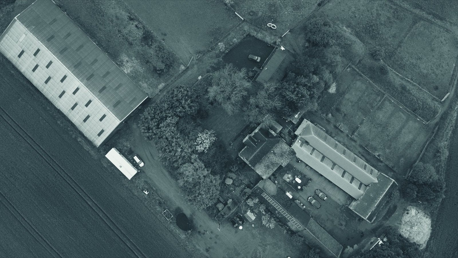 Aerial view of UK farmland and fields from above