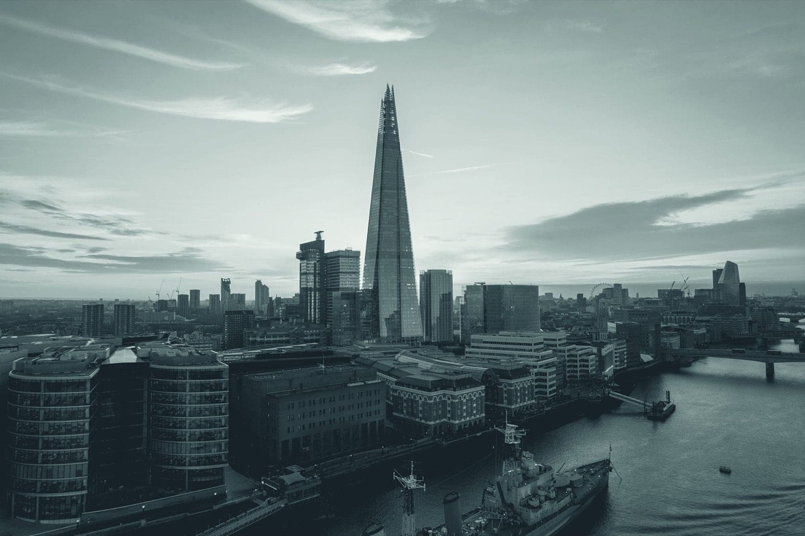 Aerial view of London with The Shard at dusk
