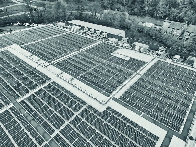 Aerial view of rooftop solar panels in Bradford, England