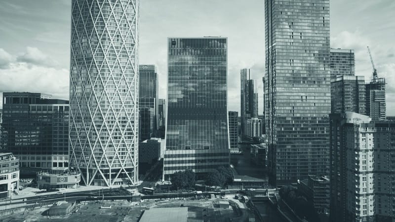 Aerial view of Canary Wharf towers in London