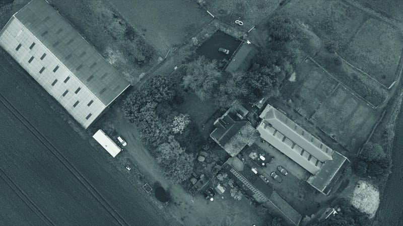 Aerial view of UK farmland and fields from above