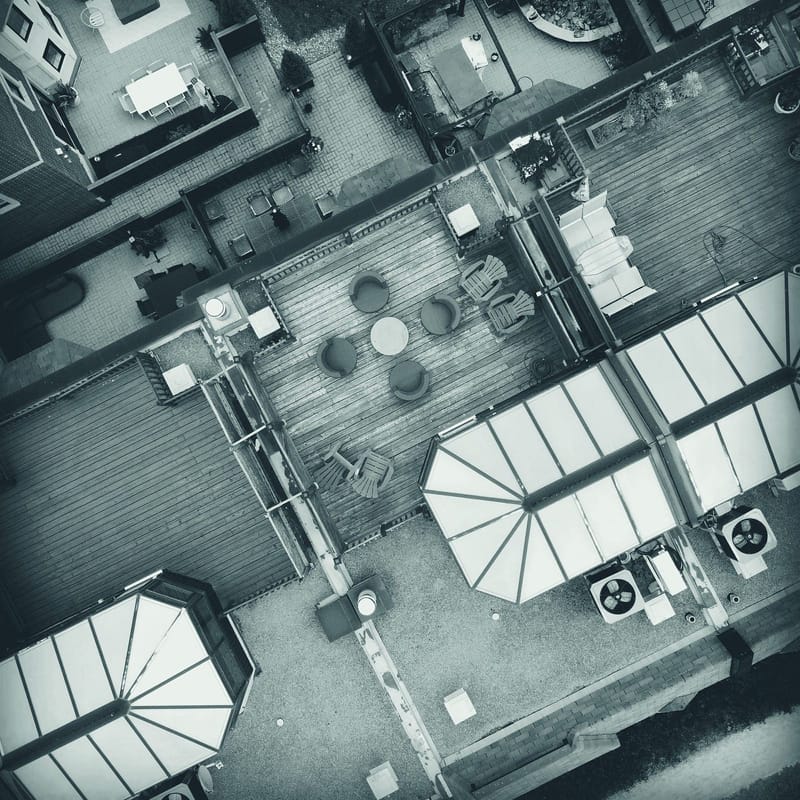 Drone view of a contemporary rooftop terrace