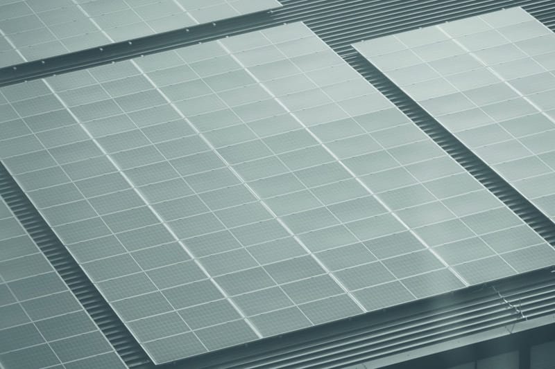 Aerial view of rooftop solar panels